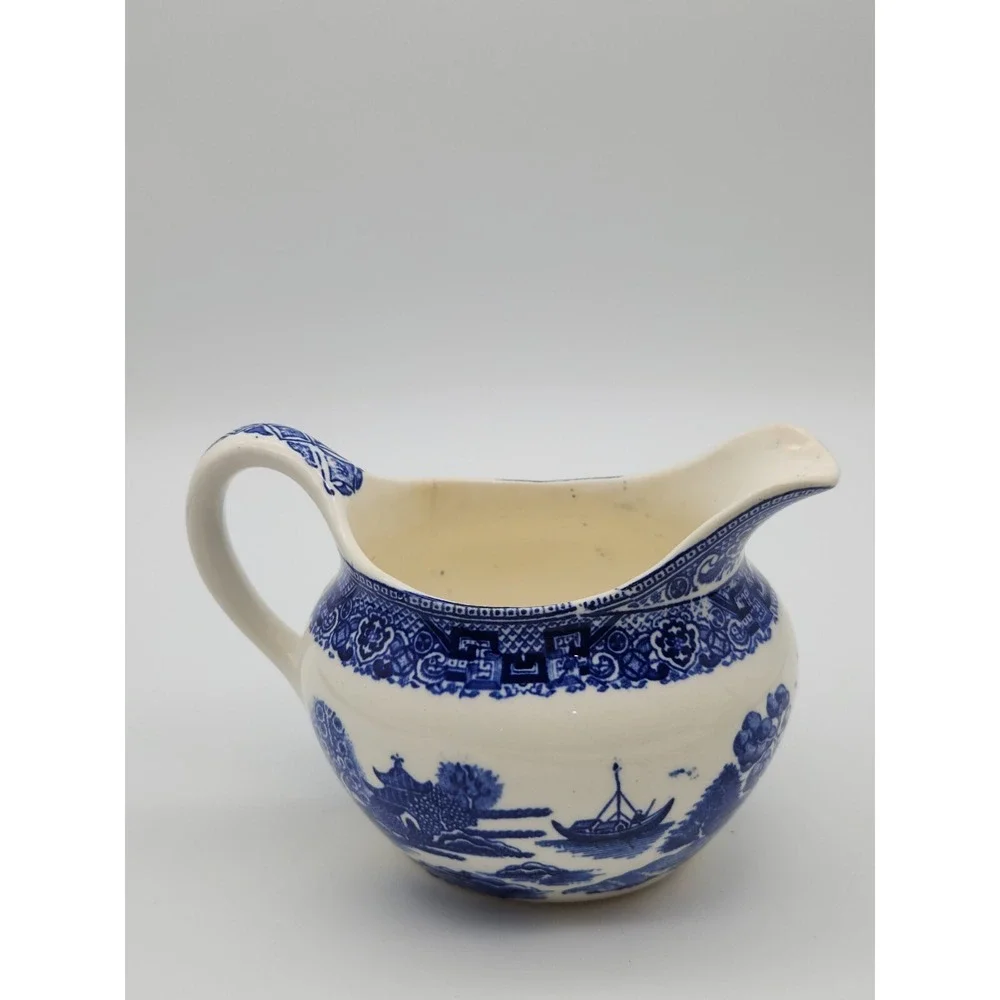 Vintage Blue Willow Creamer White Blue Birds Unmarked Ceramic